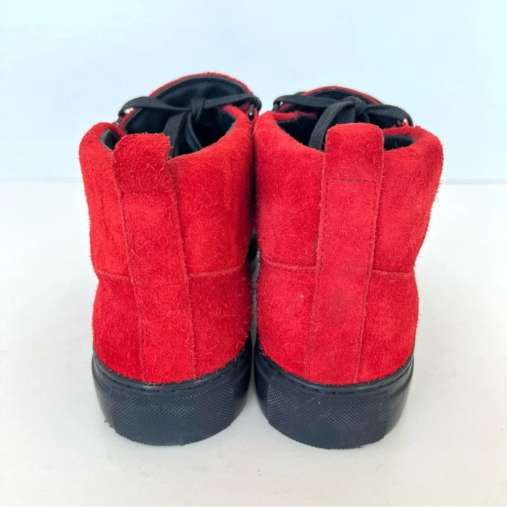 BALENCIAGA Arena Pavot Red Suede Black Trim High Top Lace Up Sneakers Sz 39